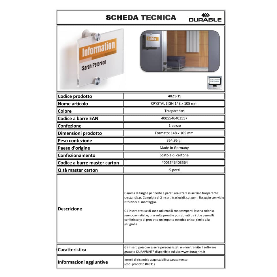 Targa DURABLE CRYSTAL SIGN acrilico trasparente 148x105 mm 482119