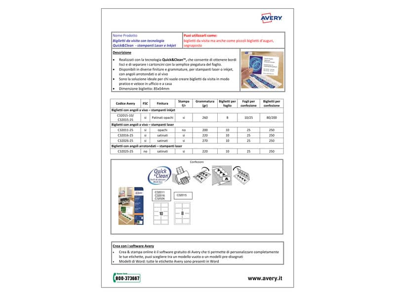 Biglietti da visita personalizzabili Avery Quick&Clean™ 85x54 mm 10/foglio satinati - laser - cf. 10 ff C32026-10