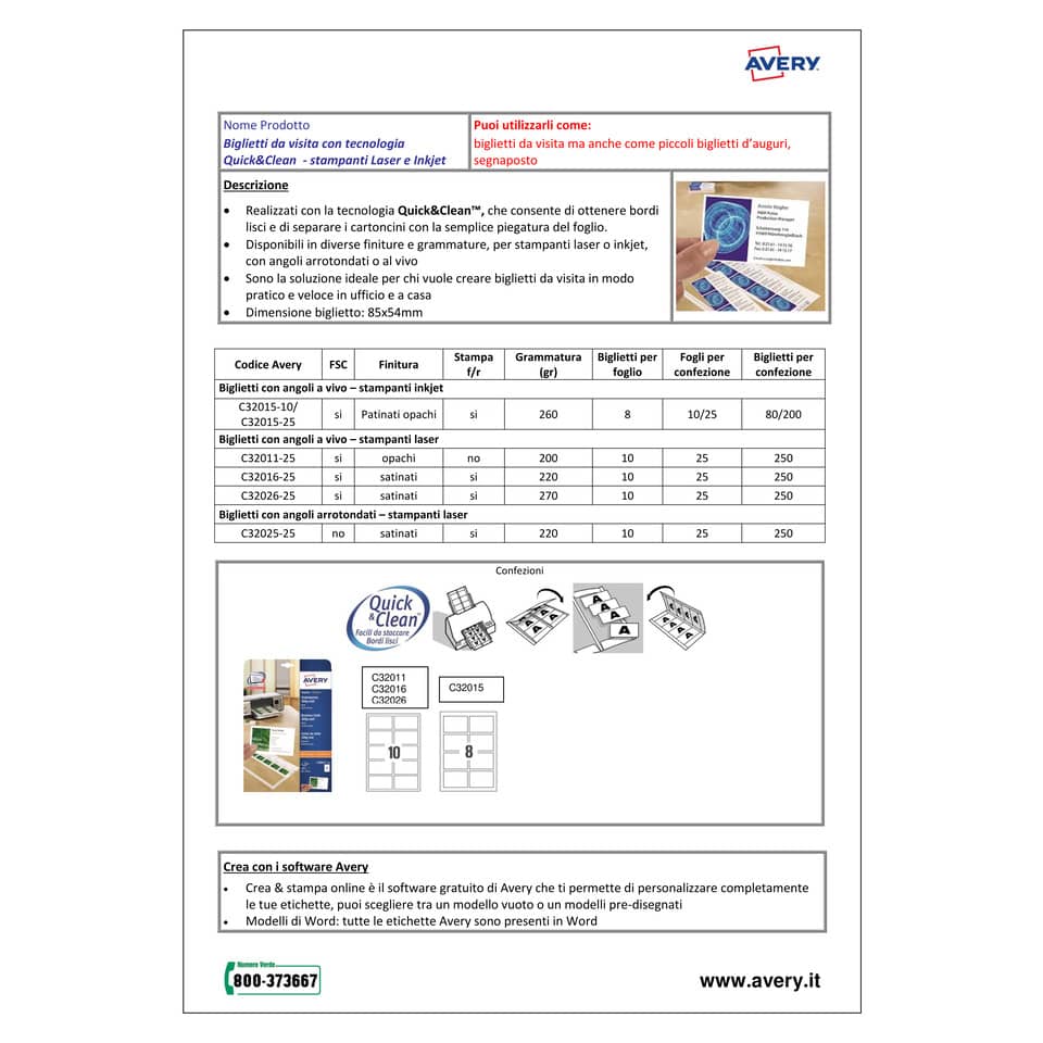 Biglietti da visita personalizzabili Avery Quick&Clean™ 85x54 mm 10/foglio satinati - laser - cf. 10 ff C32026-10