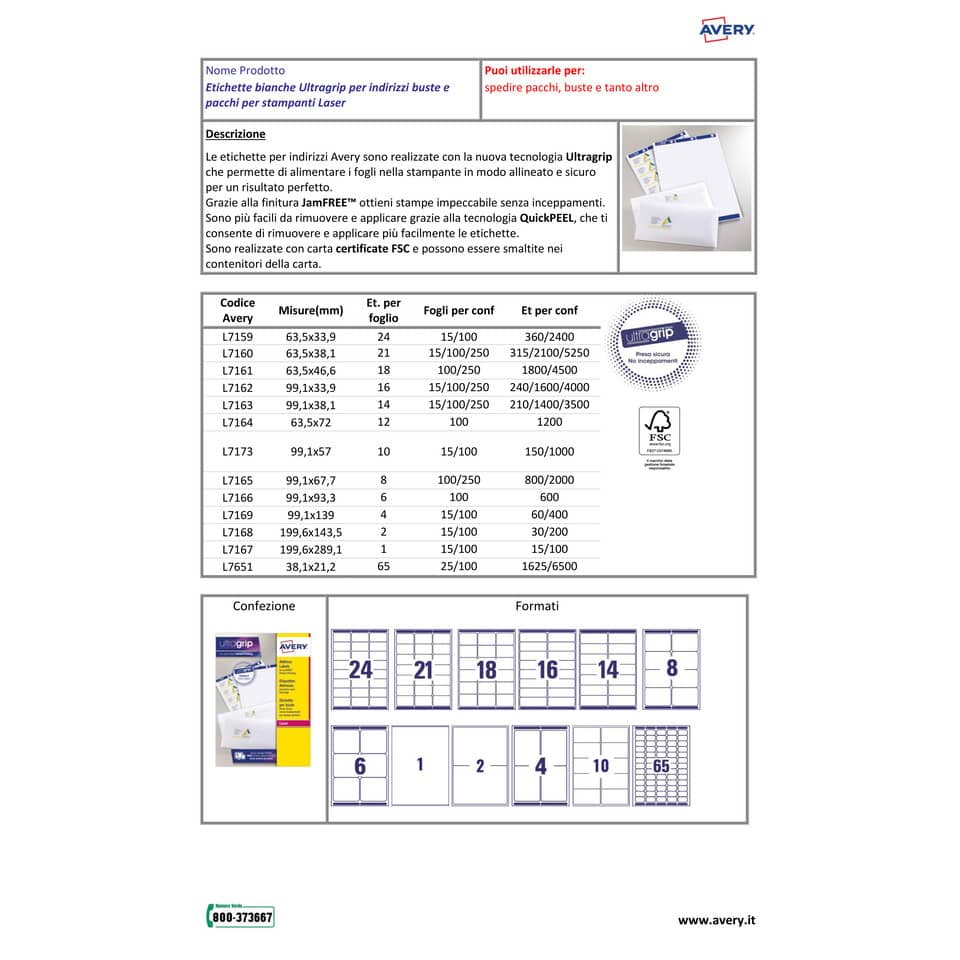 Etichette bianche per indirizzi AVERY Ultragrip™ 63,5x33,9 mm - 24 et/foglio - stampanti laser - cf. 15 fogli L7159-15