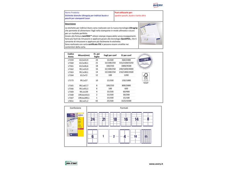 Etichette bianche per indirizzi AVERY Ultragrip™ 63,5x38,1 mm - 21 et/foglio - stampanti laser - cf. 15 fogli L7160-15