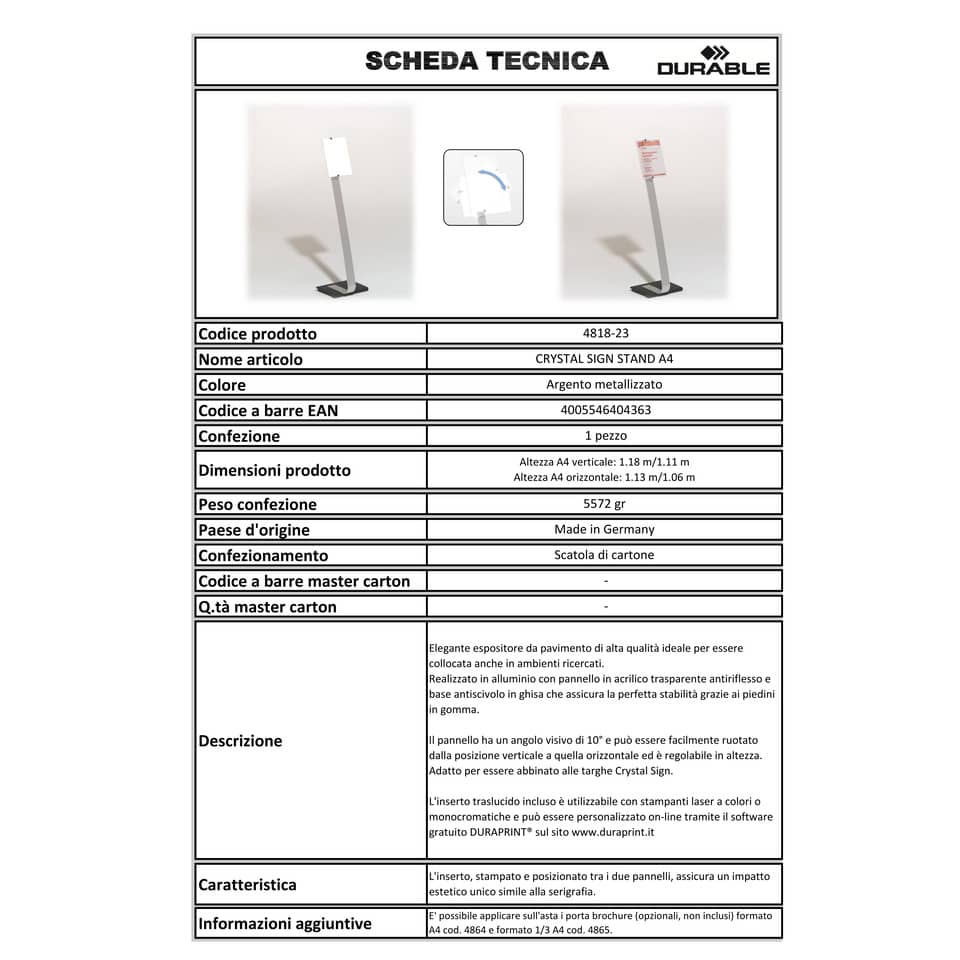 Espositore da terra DURABLE CRYSTAL SIGN STAND A4 argento metallizzato - 481823