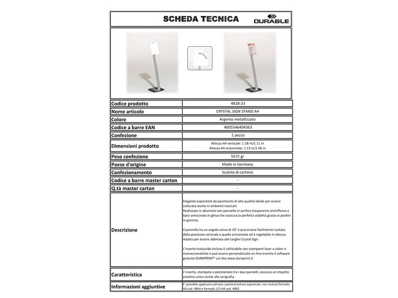 Espositore da terra DURABLE CRYSTAL SIGN STAND A4 argento metallizzato - 481823