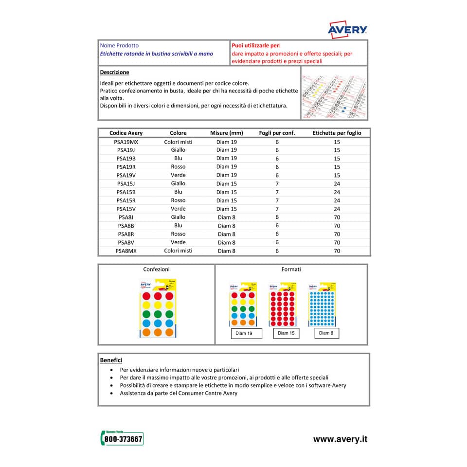 Etichette rotonde colori assortiti AVERY Ø 19 mm - 15 et/foglio - scrivibili a mano - bustina da 6 fogli - PSA19MX