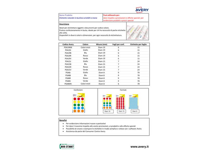 Etichette rotonde colori assortiti AVERY Ø 19 mm - 15 et/foglio - scrivibili a mano - bustina da 6 fogli - PSA19MX