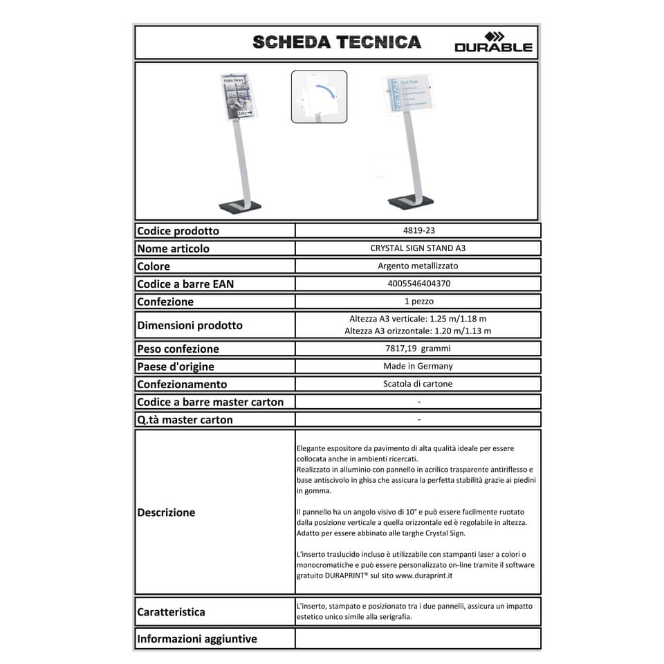 Espositore da terra DURABLE CRYSTAL SIGN STAND A3 argento metallizzato - 481923