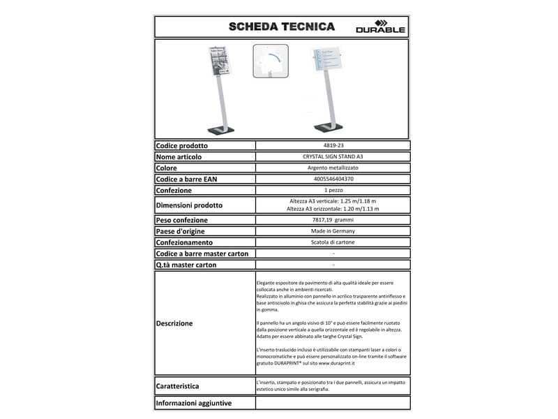 Espositore da terra DURABLE CRYSTAL SIGN STAND A3 argento metallizzato - 481923