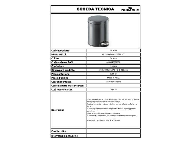 Cestino gettacarte DURABLE con pedale acciaio inox 5 l carbone 341058