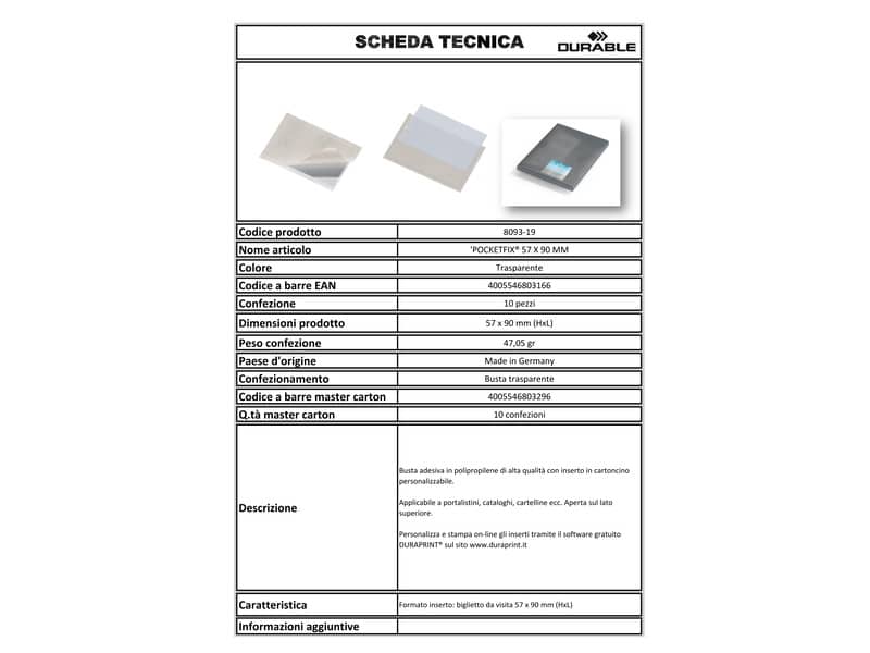 Portabiglietti da visita adesivi DURABLE POCKETFIX® 5,7x9 cm trasparente conf. 10 pezzi - 809319