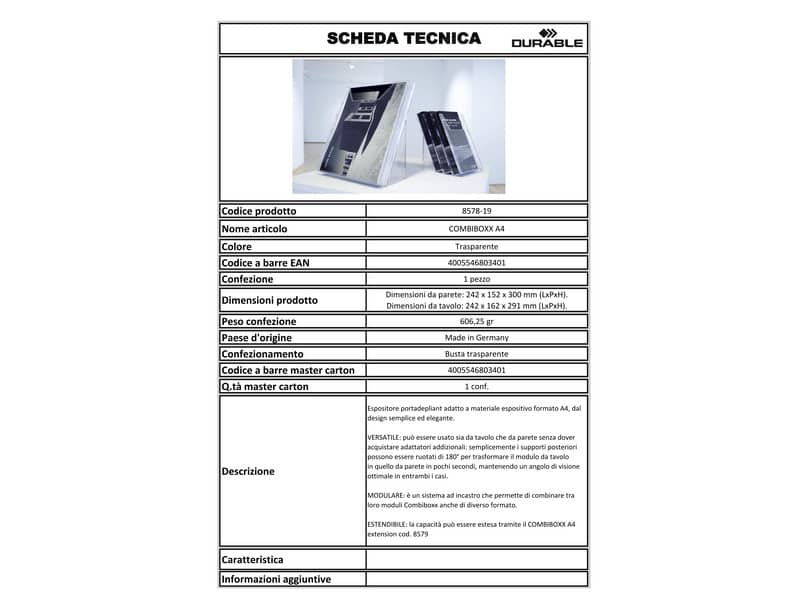 Espositore portadepliant da tavolo DURABLE COMBIBOXX A4 trasparente 857819