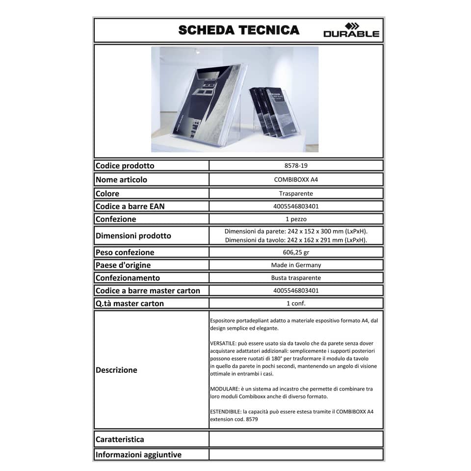 Espositore portadepliant da tavolo DURABLE COMBIBOXX A4 trasparente 857819