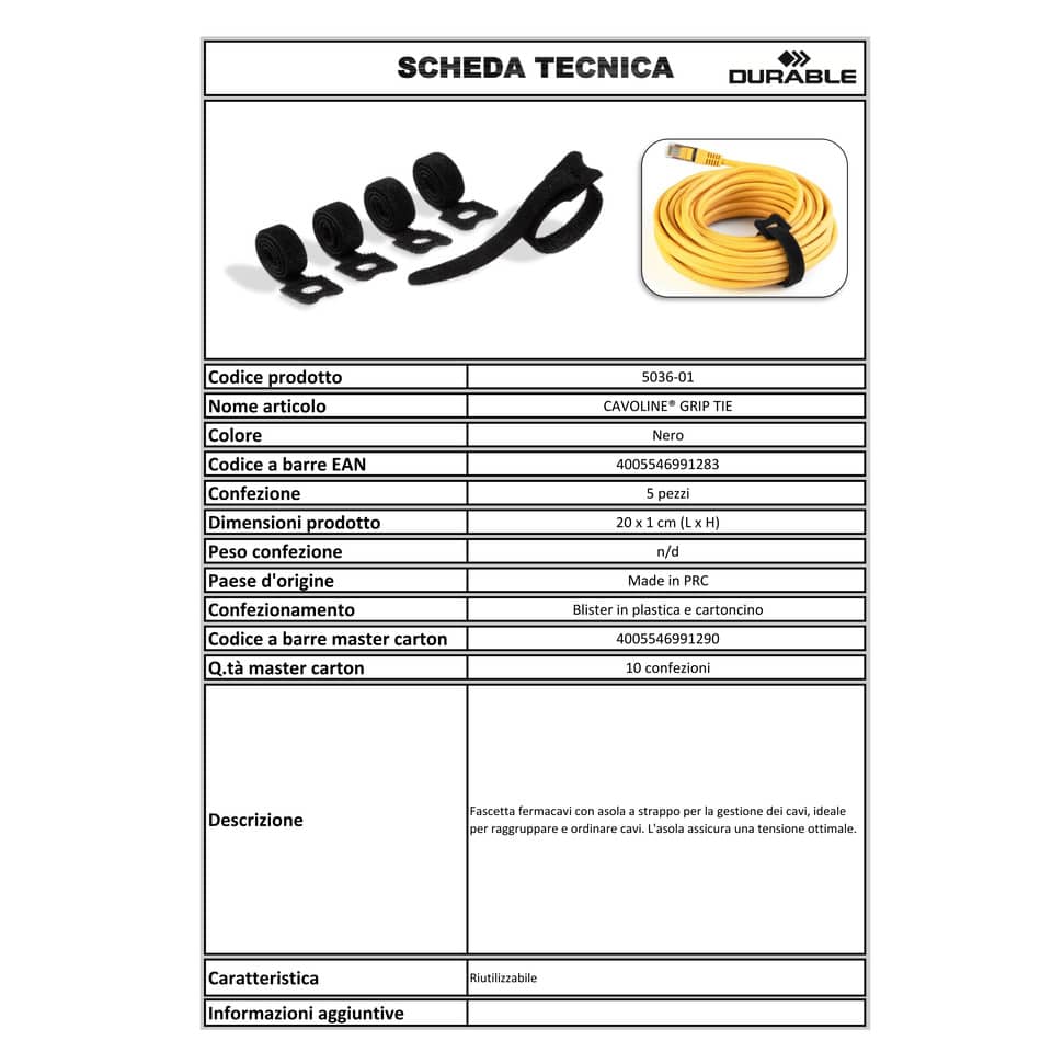 Fascette fermacavi a strappo con asola DURABLE CAVOLINE GRIP TIE 20x1 cm nero Conf. 5 pezzi - 503601