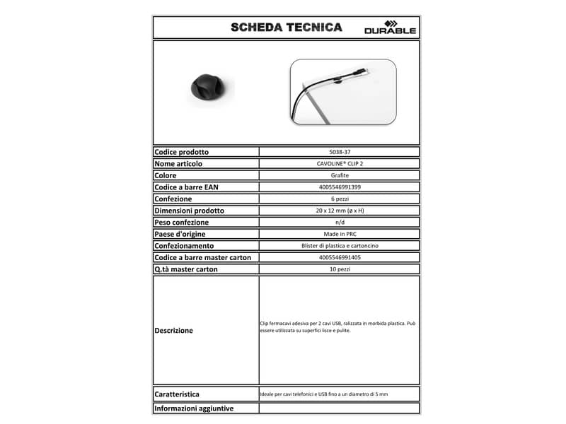 Clip fermacavi adesiva DURABLE CAVOLINE CLIP 2 grafite per 2 cavi fino a 5 mm conf. da 6 - 503837