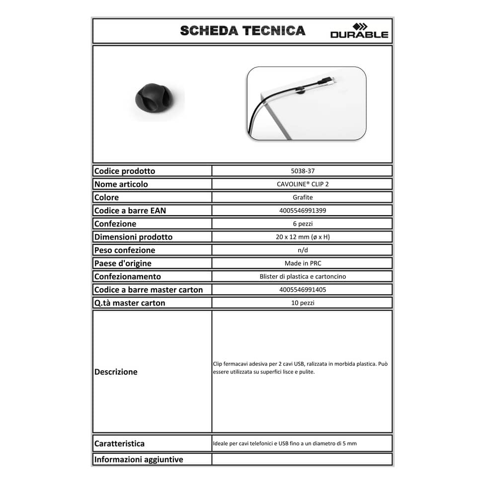 Clip fermacavi adesiva DURABLE CAVOLINE CLIP 2 grafite per 2 cavi fino a 5 mm conf. da 6 - 503837