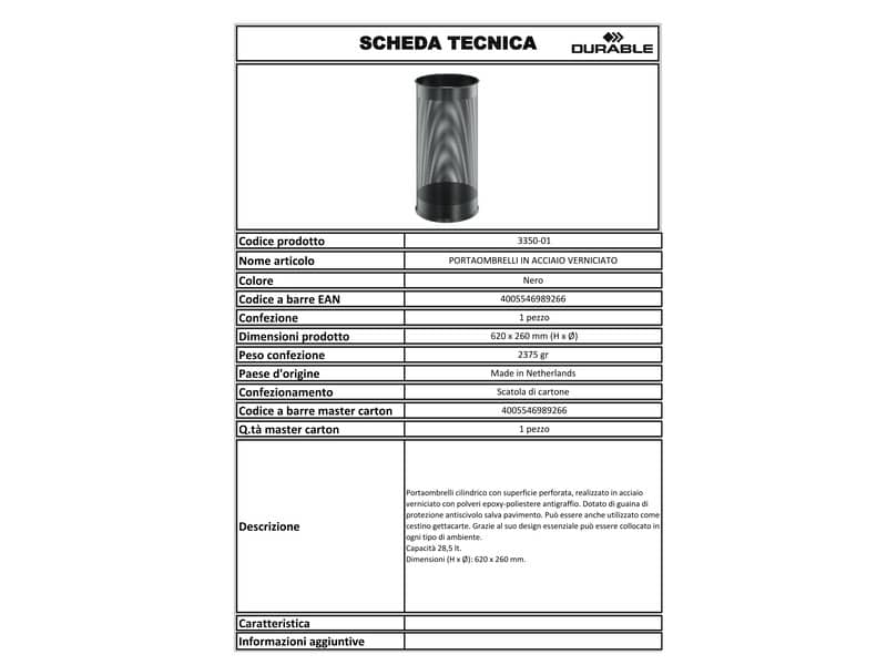 Portaombrelli DURABLE acciaio verniciato nero capacità 28,5 lt - Ø 26 cm - h 62 cm - 335001