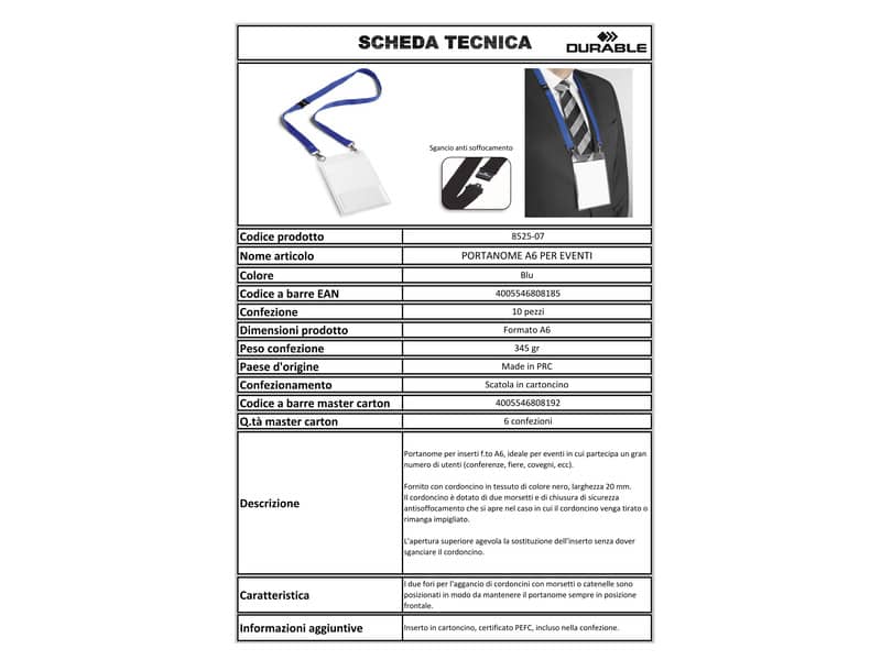 Portanomi DURABLE con cordoncino 20 mm per eventi blu/trasparente inserti f.to A6  conf. 10 - 852507