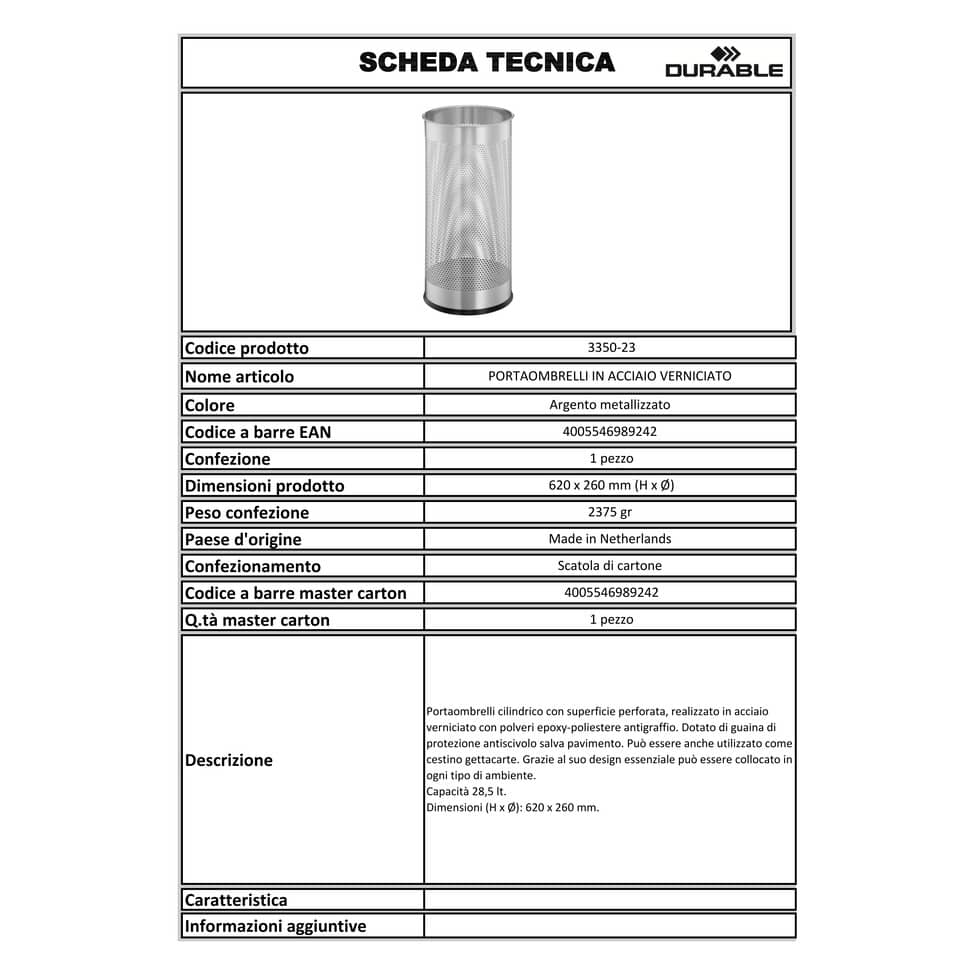 Portaombrelli DURABLE acciaio verniciato argento metallizzato capacità 28,5 lt - Ø 26 cm - h 62 cm - 335023