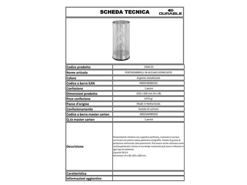 Portaombrelli DURABLE acciaio verniciato argento metallizzato capacità 28,5 lt - Ø 26 cm - h 62 cm - 335023