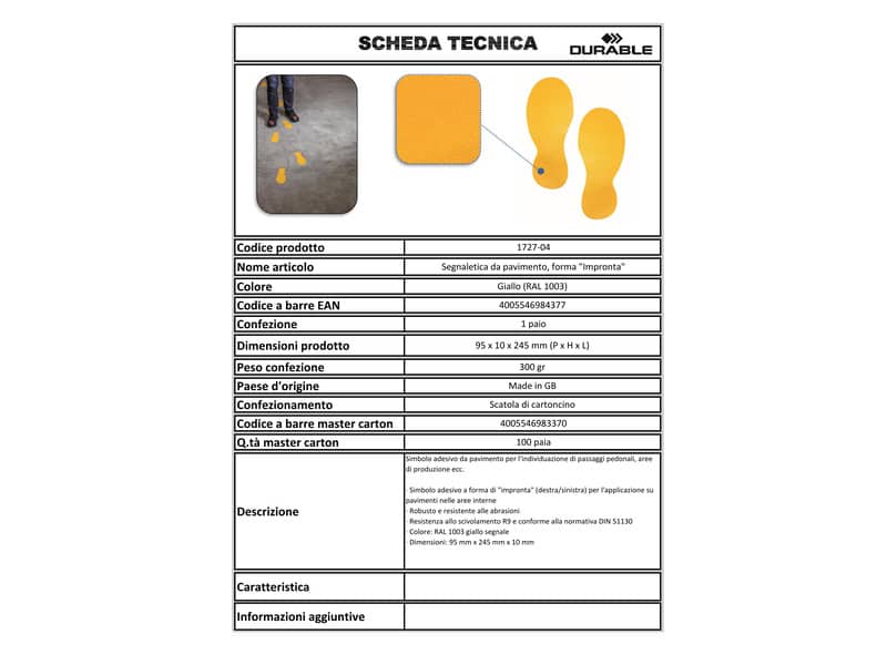 Segnaletica da pavimento forma "Impronta" DURABLE RAL 1003 giallo 9x24 cm - conf. 10 pezzi - 172704