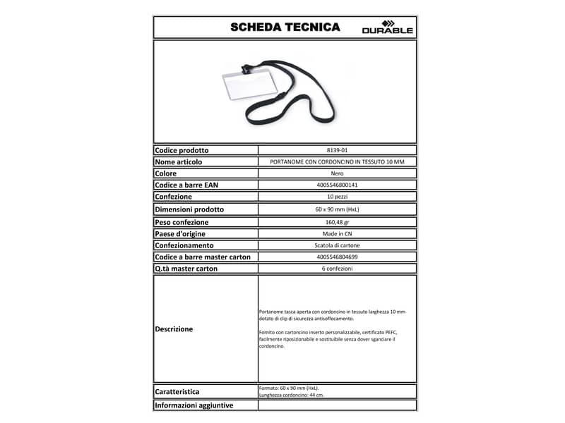 Portanomi DURABLE tasca aperta con cordoncino trasparente/nero 60x90mm conf. 10 - 813901