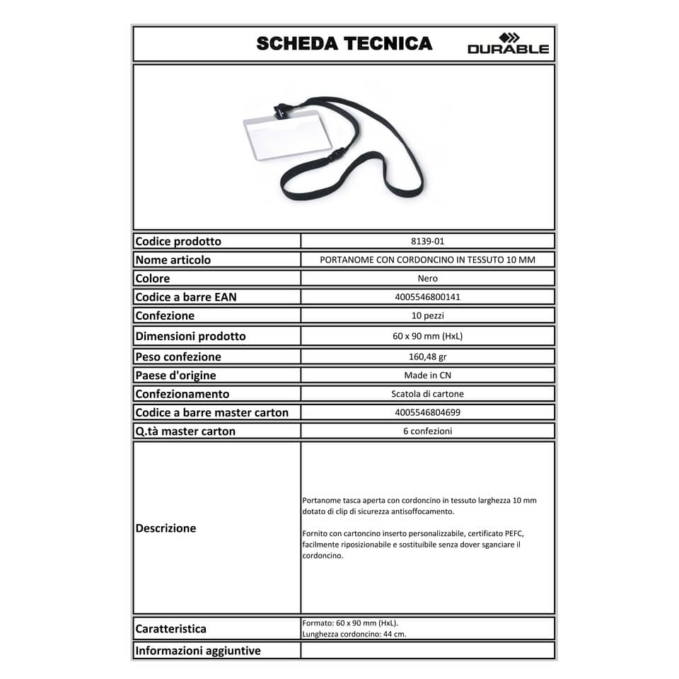 Portanomi DURABLE tasca aperta con cordoncino trasparente/nero 60x90mm conf. 10 - 813901