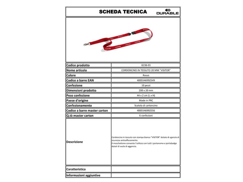 Cordoncino portabadge VISITOR DURABLE cordoncini VISITOR in tessuto rosso 20mm x 44cm  conf. da 10 - 823803