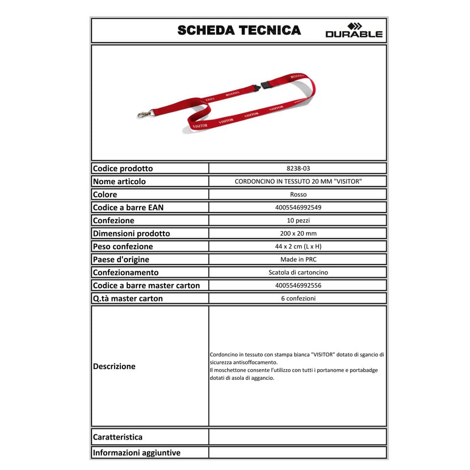 Cordoncino portabadge VISITOR DURABLE cordoncini VISITOR in tessuto rosso 20mm x 44cm  conf. da 10 - 823803