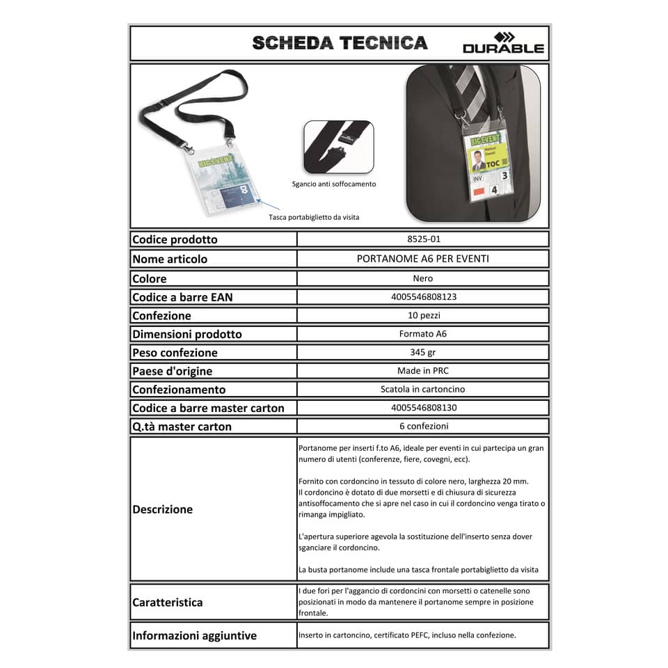 Portanomi DURABLE con cordoncino 20 mm per eventi nero/trasparente inserti f.to A6  conf. 10 - 852501