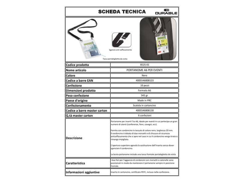 Portanomi DURABLE con cordoncino 20 mm per eventi nero/trasparente inserti f.to A6  conf. 10 - 852501