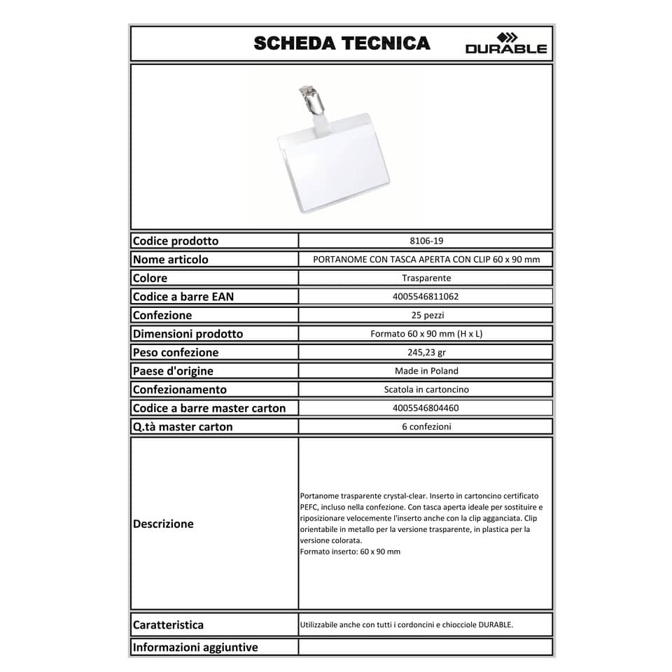 Portanomi con clip DURABLE tasca aperta trasparente inserto 60x90mm conf. 25 - 810619