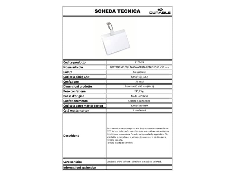 Portanomi con clip DURABLE tasca aperta trasparente inserto 60x90mm conf. 25 - 810619