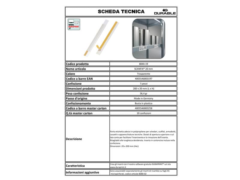 Portaetichette adesivi DURABLE SCANFIX 20 polipropilene trasparente 20x200 mm conf. 5 - 802319