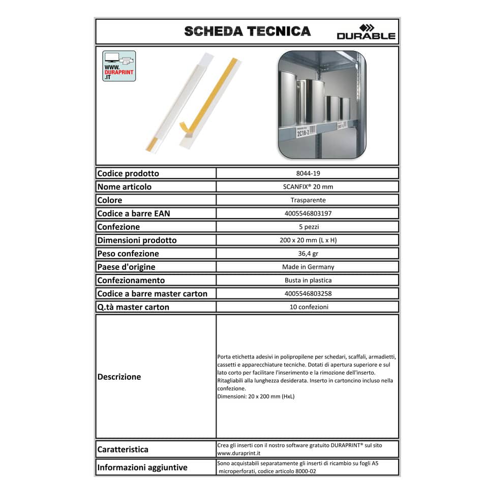 Portaetichette adesivi DURABLE SCANFIX 20 polipropilene trasparente 20x200 mm conf. 5 - 802319