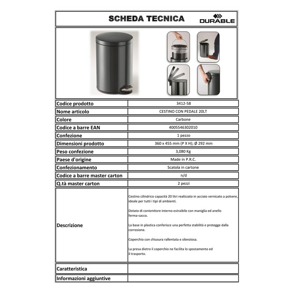 Cestino gettacarte DURABLE con pedale acciaio inox 20 litri carbone - 341258