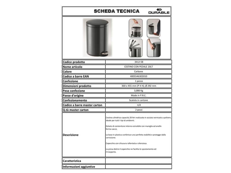 Cestino gettacarte DURABLE con pedale acciaio inox 20 litri carbone - 341258