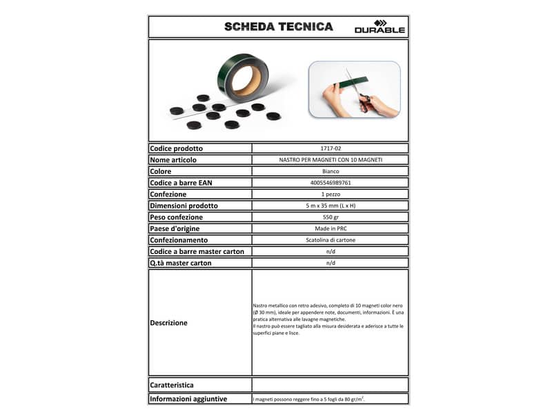Banda per magneti DURABLE con 10 magneti ø 30mm bianco lunghezza 5 mt x h 35 mm 171702