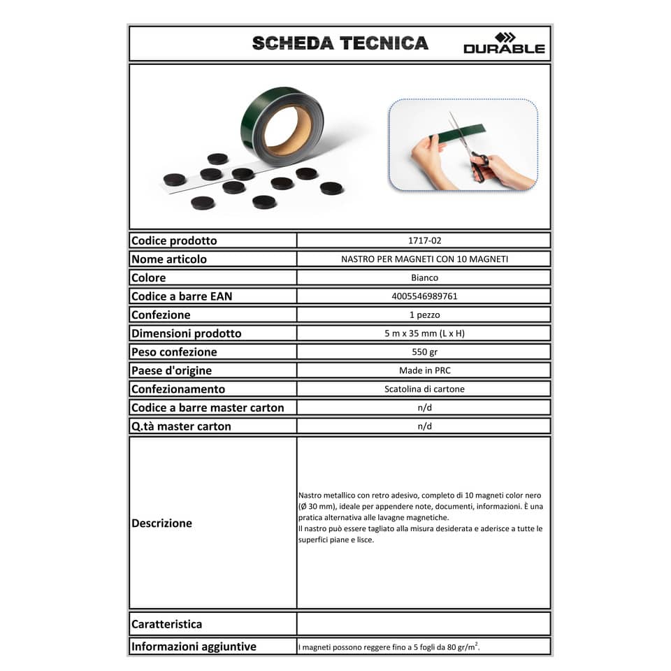 Banda per magneti DURABLE con 10 magneti ø 30mm bianco lunghezza 5 mt x h 35 mm 171702