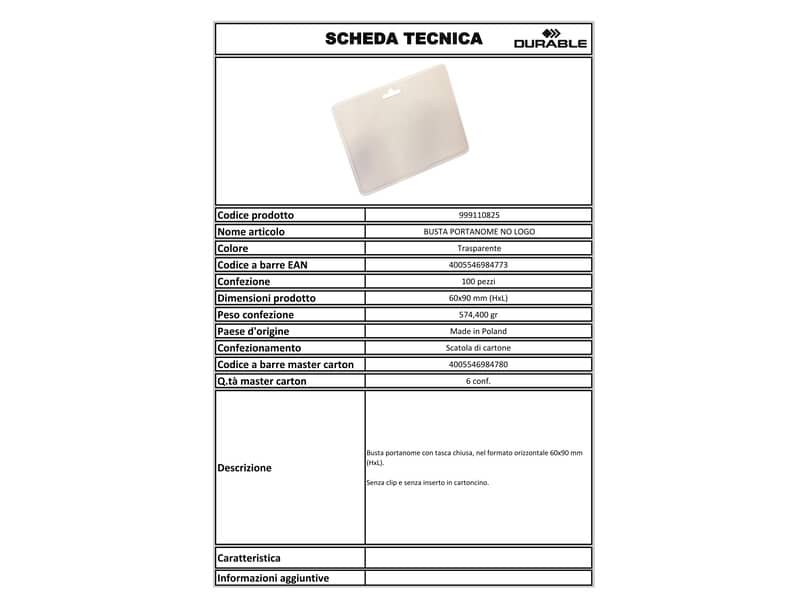 Portanomi Durable tasca chiusa orizzontale pvc alto spessore traspar. inserto 60x90mm cf. 100 - 999110825