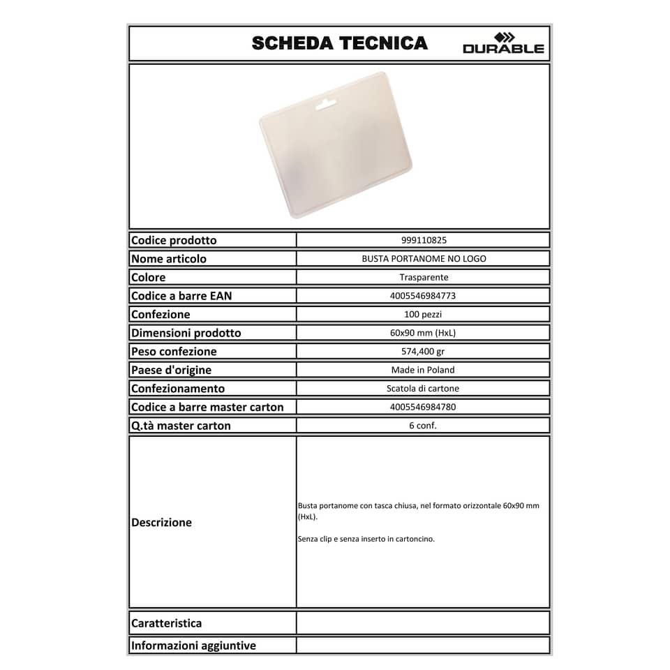 Portanomi Durable tasca chiusa orizzontale pvc alto spessore traspar. inserto 60x90mm cf. 100 - 999110825