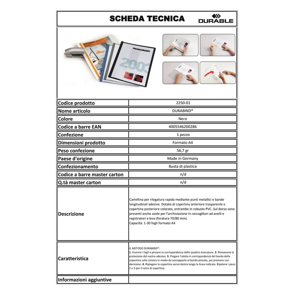 Cartellina per rilegatura DURABLE DURABIND® robusto PVC A4 1-30 fogli nero 225001