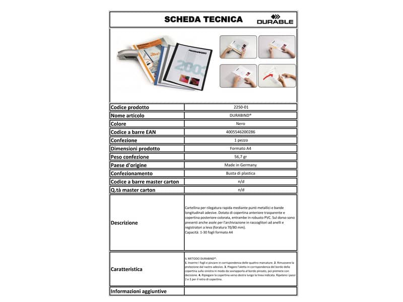 Cartellina per rilegatura DURABLE DURABIND® robusto PVC A4 1-30 fogli nero 225001