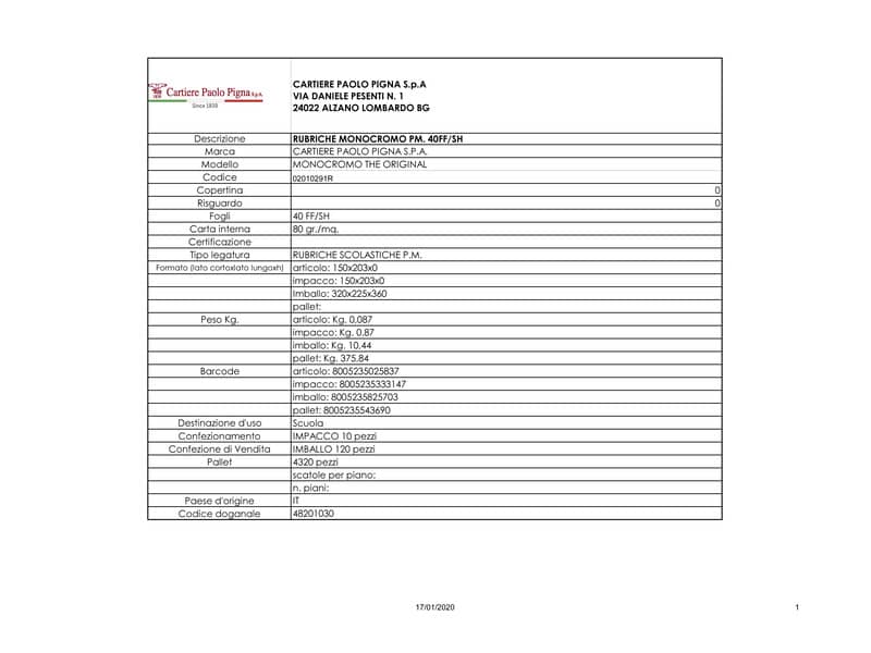 Rubrica punto metallico 40 fogli Pigna Monocromo A5 1R 02010291R