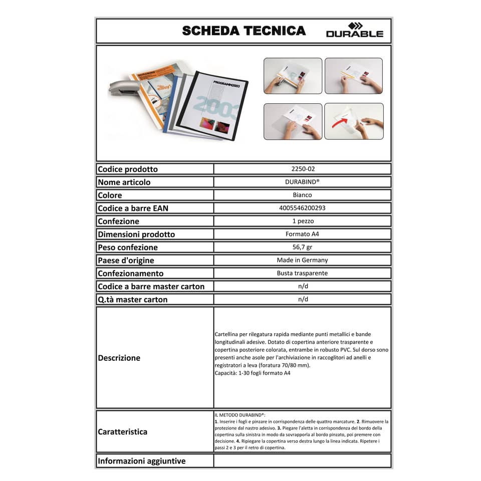 Cartellina per rilegatura DURABLE DURABIND® robusto PVC A4 1-30 fogli bianco - 225002