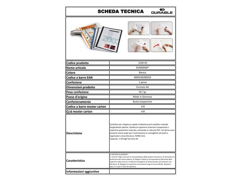 Cartellina per rilegatura DURABLE DURABIND® robusto PVC A4 1-30 fogli bianco - 225002