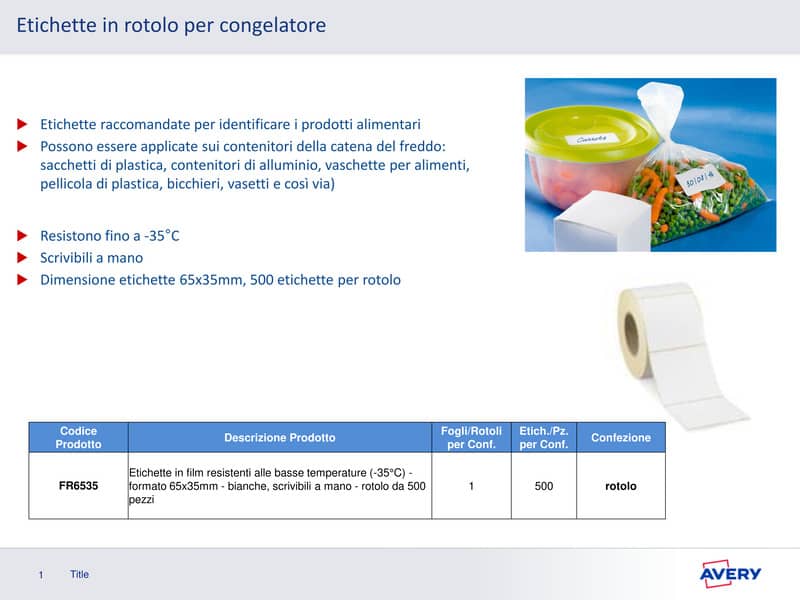 Etichette permanenti per freezer Avery 65x35 mm bianco - laser/inkjet - Rotolo 500 etichette - FR6535