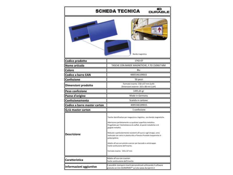 Tasche per identificazione Durable con bande magnetiche blu f.to esterno mm. 163x83- inserto 150x67mm cf. 50- 174207