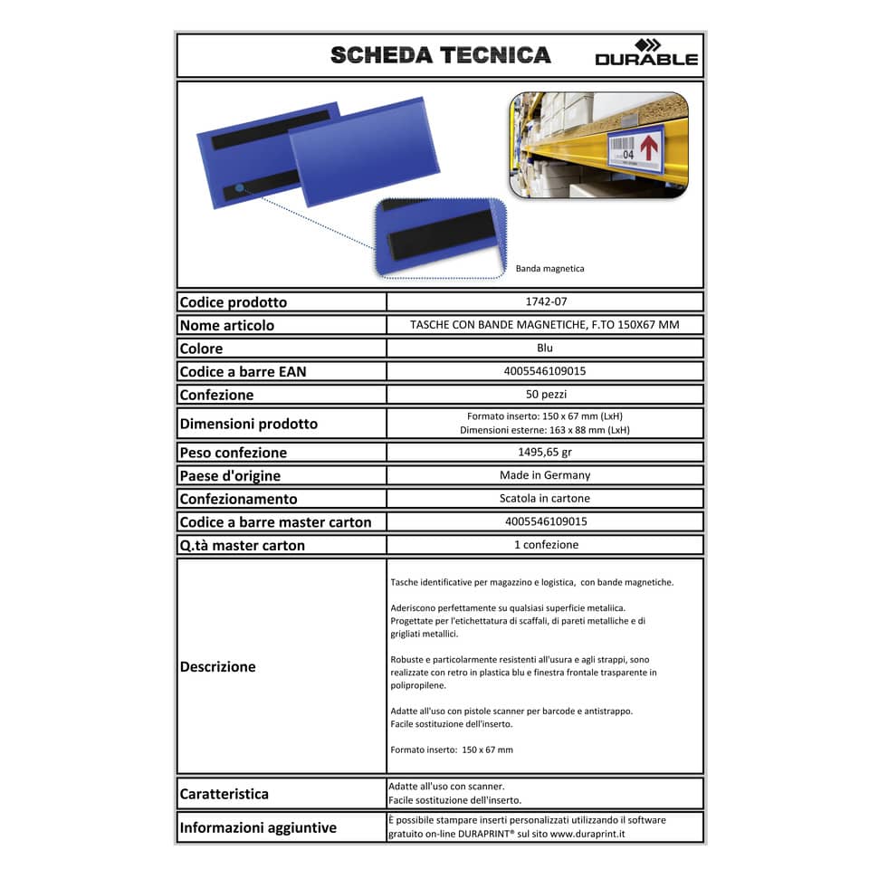 Tasche per identificazione Durable con bande magnetiche blu f.to esterno mm. 163x83- inserto 150x67mm cf. 50- 174207