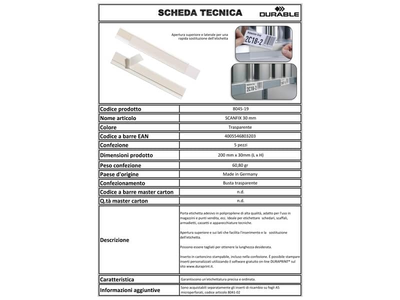 Portaetichette adesivi DURABLE SCANFIX 30 polipropilene trasparente 30x200 mm conf. 5 - 802419