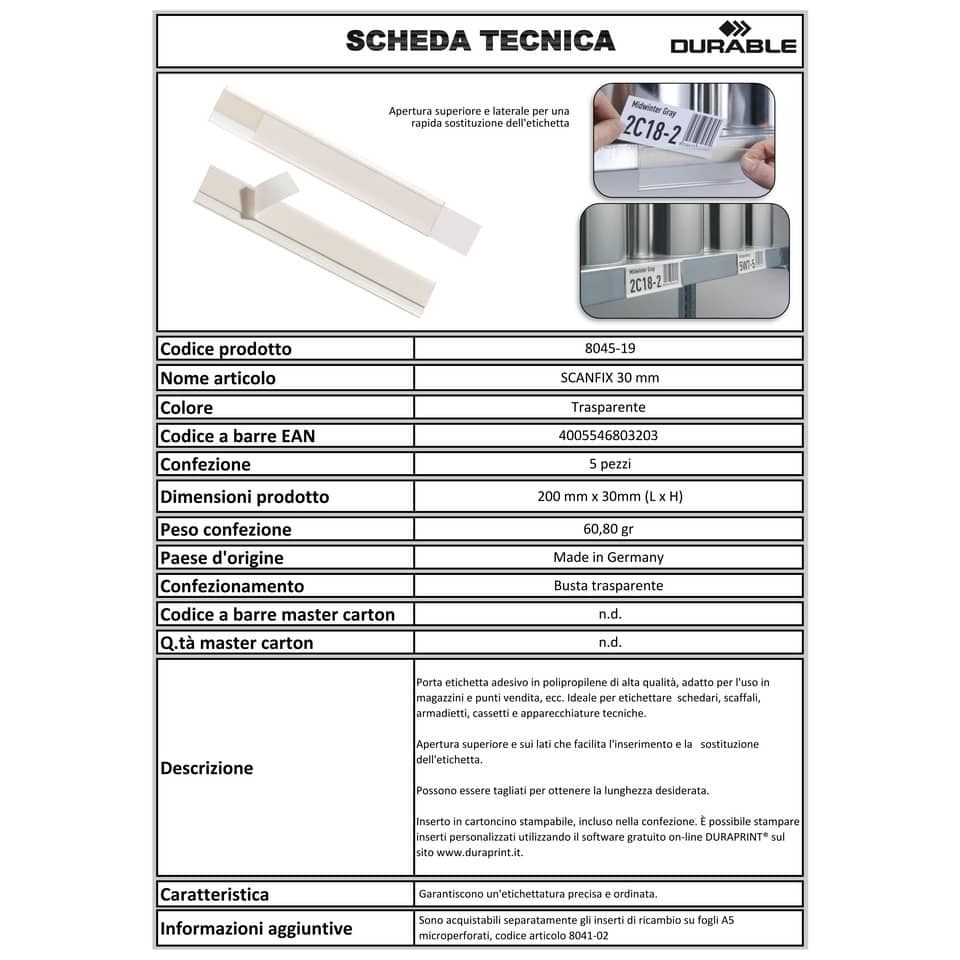 Portaetichette adesivi DURABLE SCANFIX 30 polipropilene trasparente 30x200 mm conf. 5 - 802419