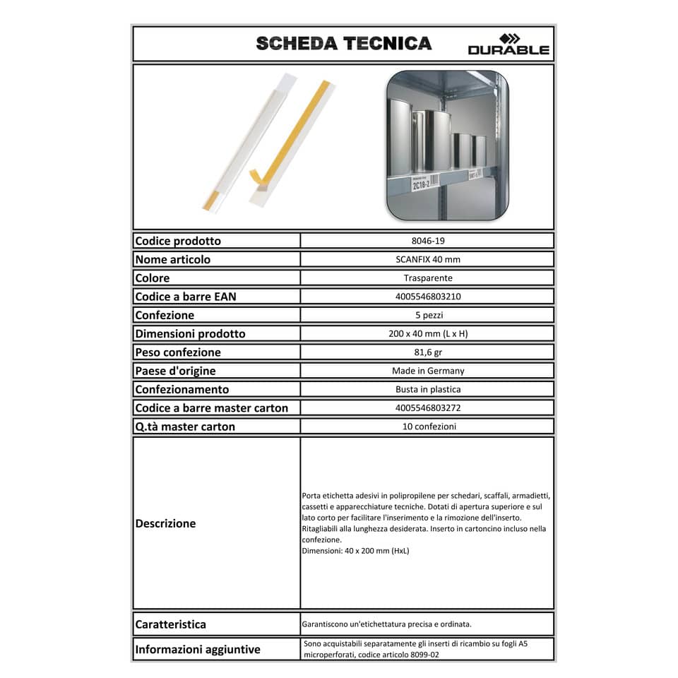 Portaetichette adesivi DURABLE SCANFIX 40 polipropilene trasparente 40x200 mm conf. 5 - 802519